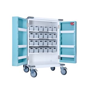PM650 Original Packaging Drugs Trolley with doors open showing plastic trays