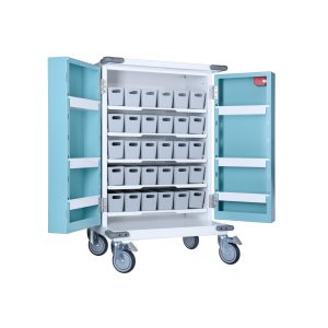 PM655 Original Packaging Drugs Trolley with doors open showing plastic trays