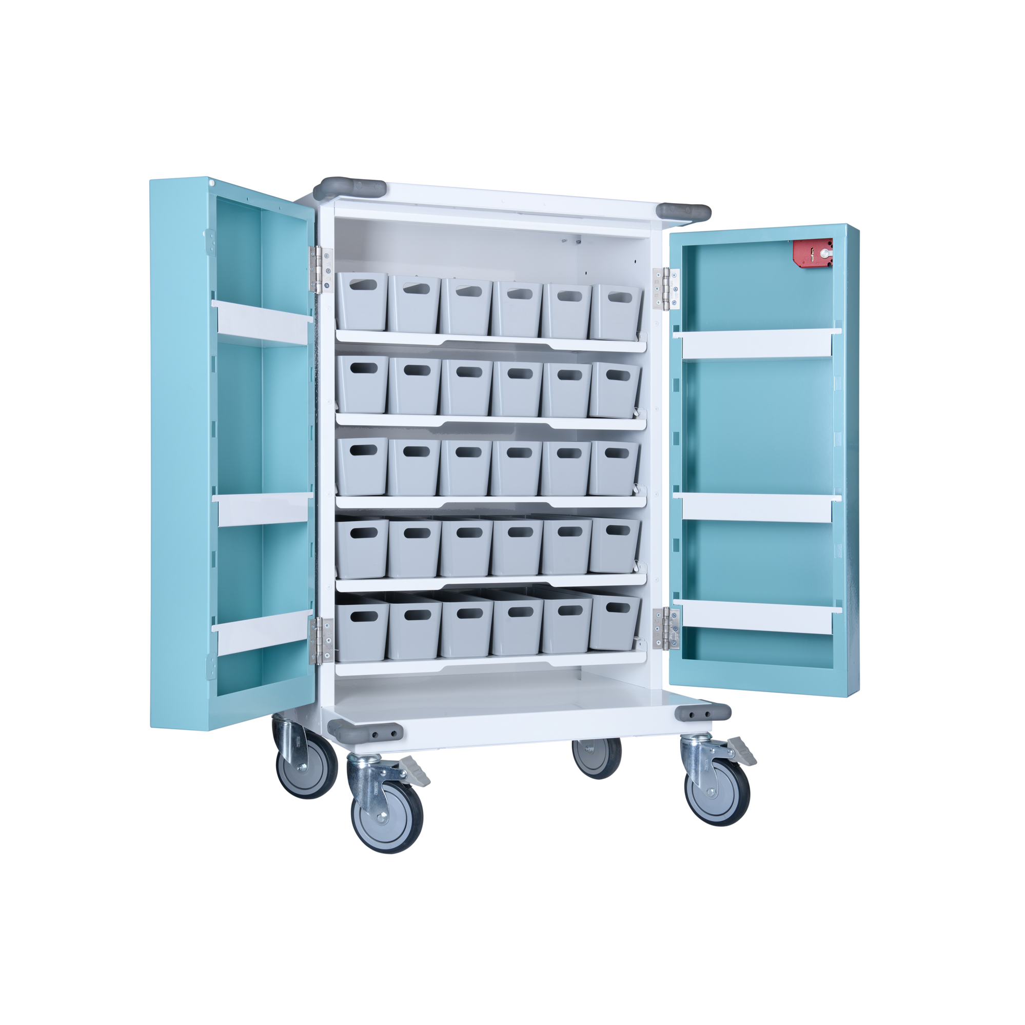PM655 Original Packaging Drugs Trolley with doors open showing plastic trays