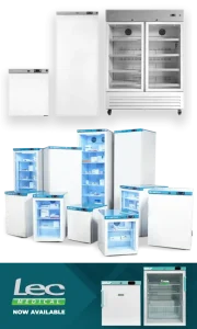 Fridges for drug storage, multiple models shown in different sizes