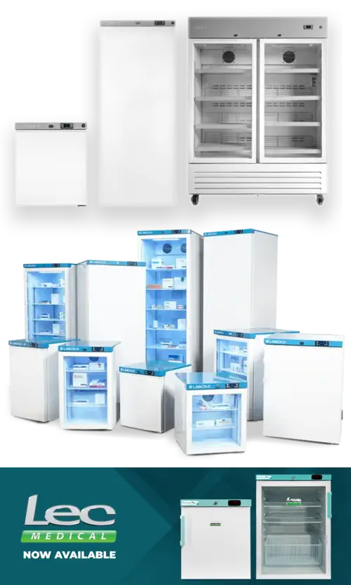 Fridges for drug storage, multiple models shown in different sizes