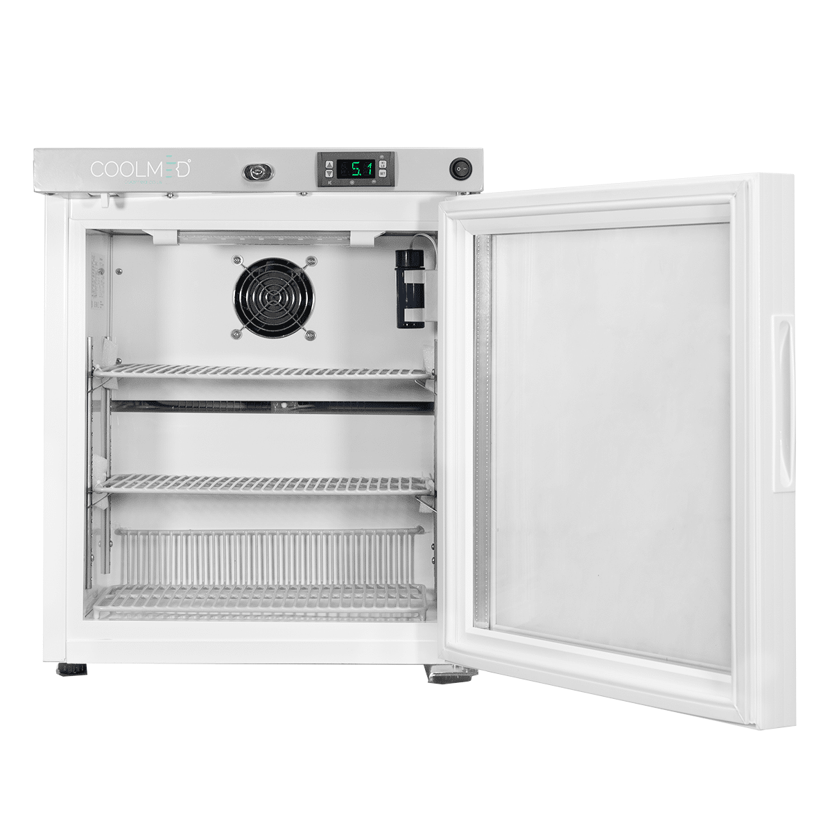 CMRTSG29 Solid Door Room Temperature Storage Cabinet open showing shelves from front
