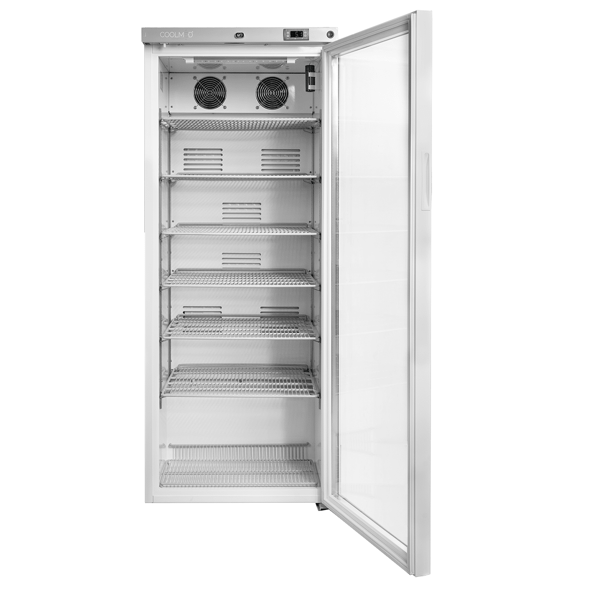 Coolmed CMRTSG300 Glass Door RTS Cabinet from front with door open
