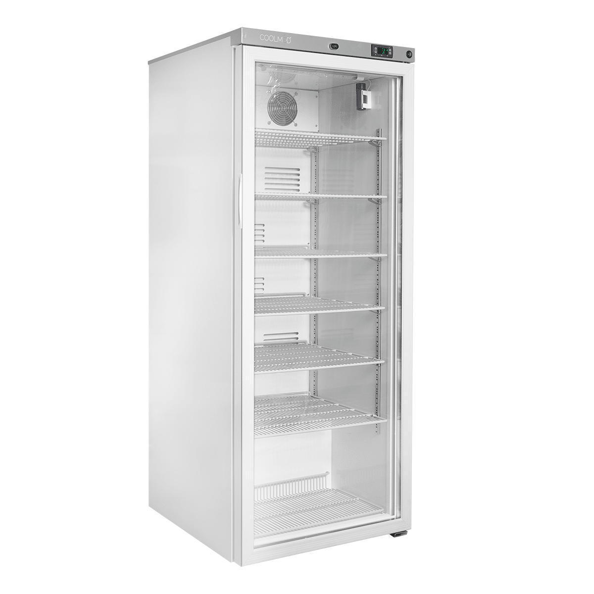 Coolmed CMRTSG300 Glass Door RTS Cabinet from side with door closed