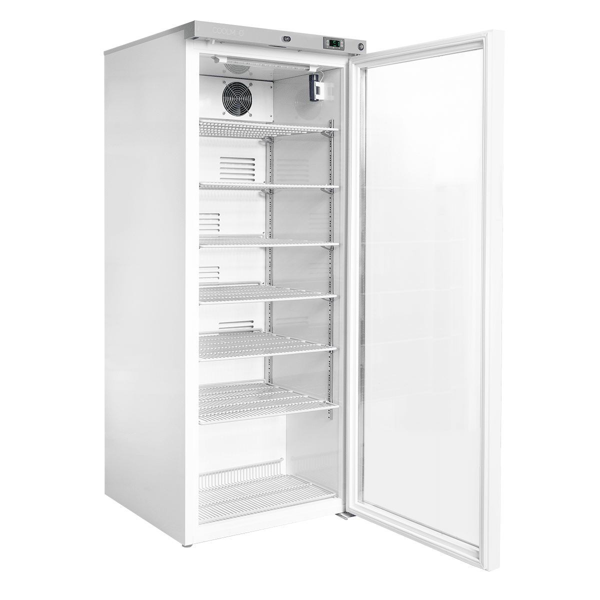 Coolmed CMRTSG300 Glass Door RTS Cabinet from side with door open