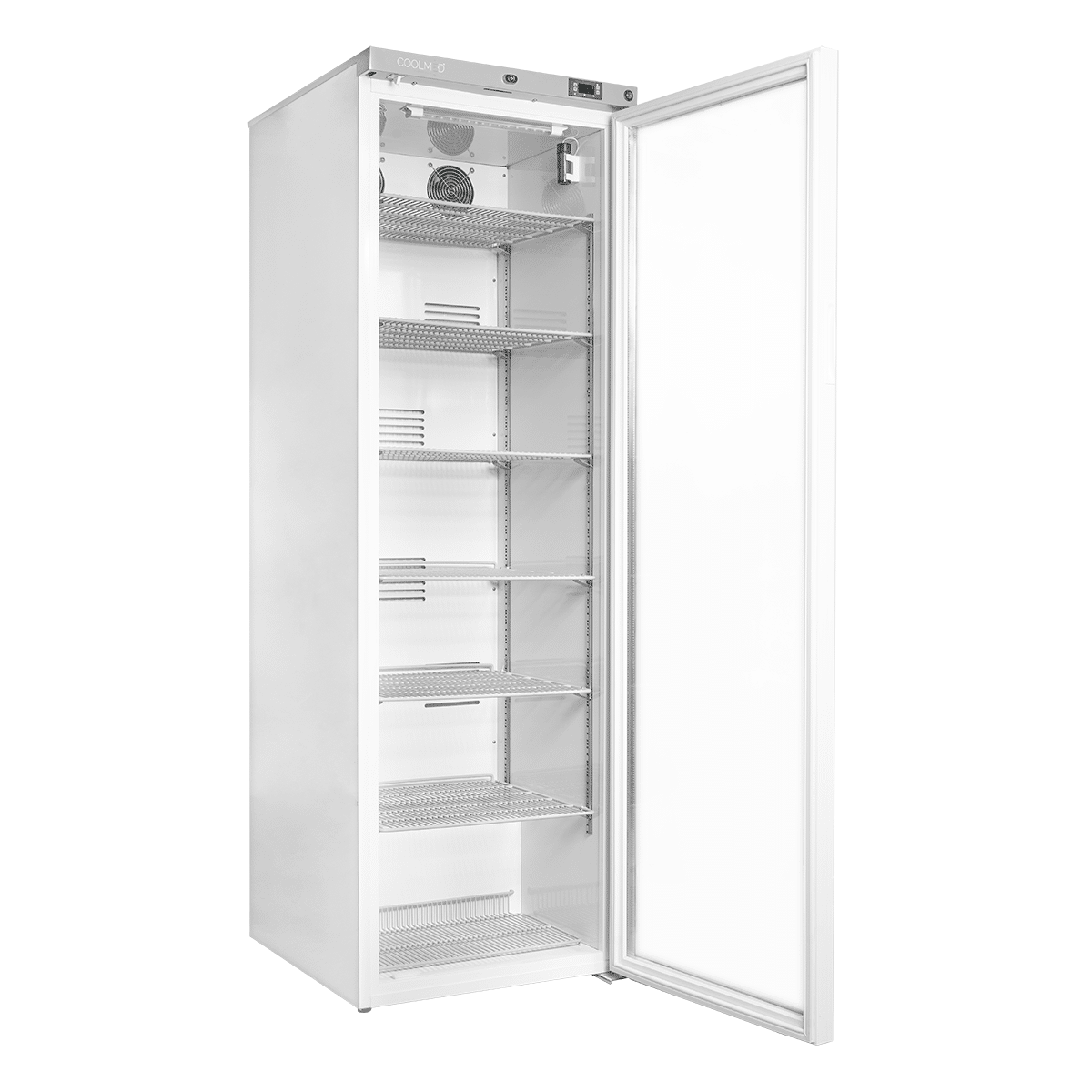 Coolmed CMRTSG400 Glass Door RTS Cabinet from side with door open