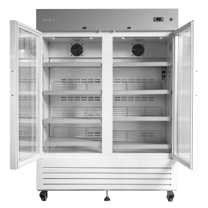 Coolmed CMRTSG500 Glass Door RTS Cabinet from front with doors open