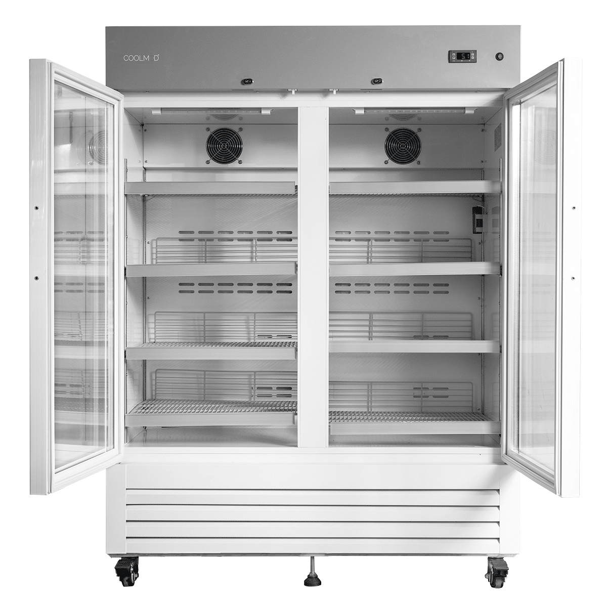 Coolmed CMRTSG500 Glass Door RTS Cabinet from front with doors open