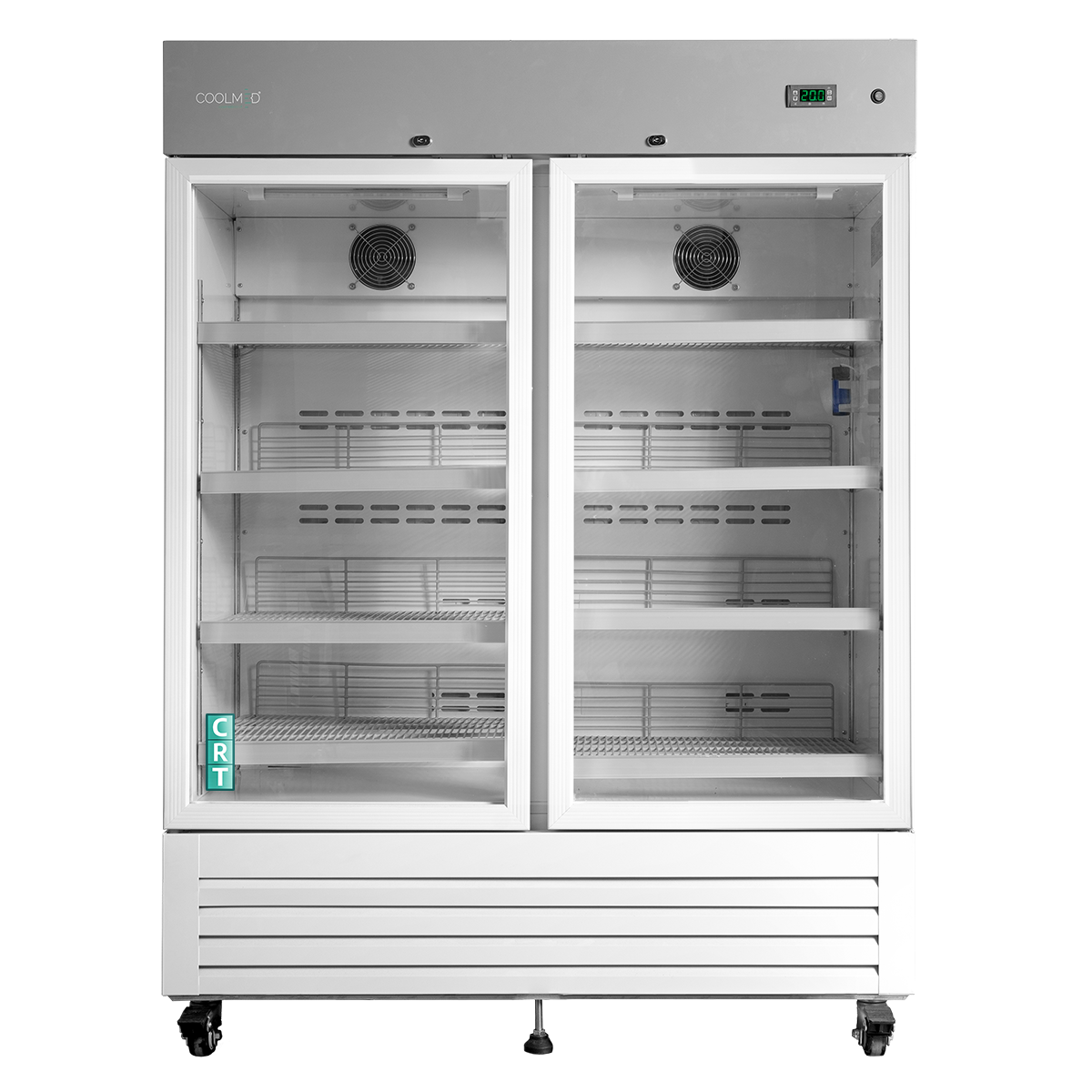 Coolmed CMRTSG500 Glass Door RTS Cabinet from front with doors closed