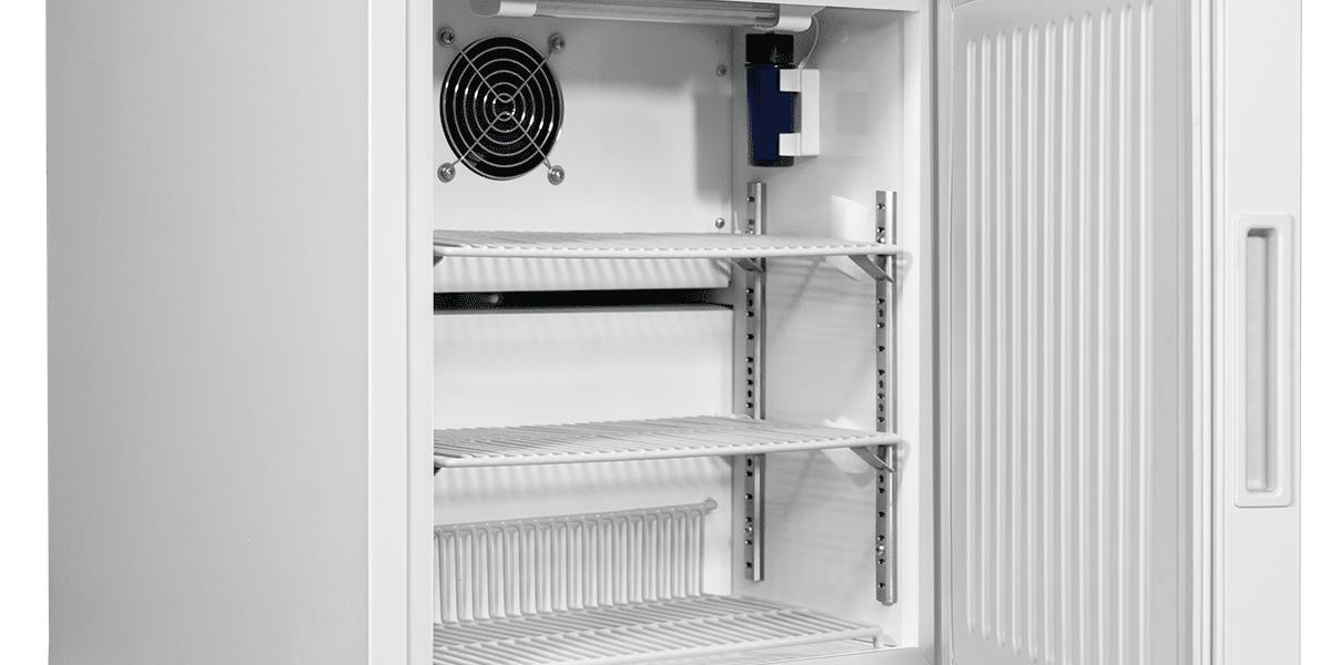 CMS29-Side-Open CMRTSS29 Solid Door Room Temperature Storage Cabinet open showing shelves