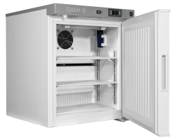 CMS29-Side-Open CMRTSS29 Solid Door Room Temperature Storage Cabinet open showing shelves