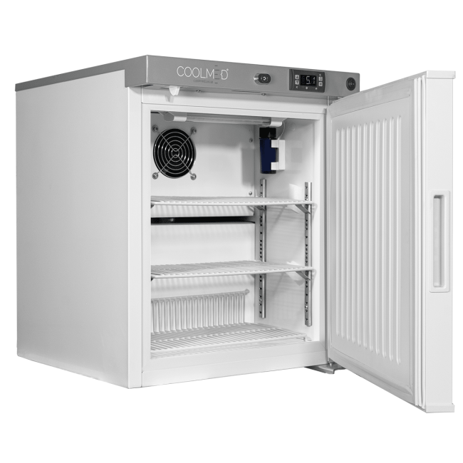 CMRTSS29 Solid Door Room Temperature Storage Cabinet open showing shelves